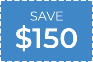 Blue coupon with dashed border offering $150 savings in white text