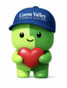 Green cartoon character wearing a blue Coosa Valley Credit Union cap holding a red heart with a smile.