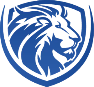 Stylized blue lion logo within a shield for a bold and powerful brand identity.