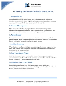List of six essential business security policies including acceptable use, password management, access control, incident response, data protection, and BYOD.