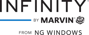 Infinity by Marvin logo with blue underline and NG Windows branding in black text and emblem.