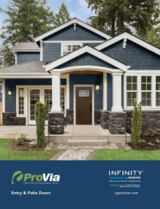 ProVia brown entry door with decorative glass window on blue and white craftsman style 2 story home.