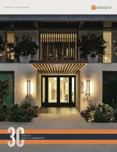 Plastpro Doors Brochure shows front entry double glass doors to modern home with wood accents.