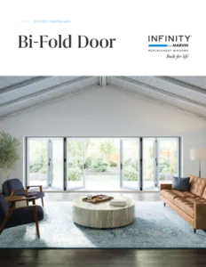 Infinity from Marvin Bi-Fold Door Brochure Cover showing living room with open bi-fold patio door