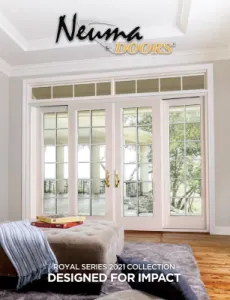Neuma Doors Brochure Cover showing white French doors opening onto patio.