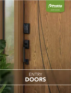 ProVia brown entry door with decorative glass window on blue and white craftsman style 2 story home.