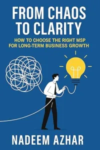 Book cover showing a man untangling a chaotic wire into a glowing light bulb symbolizing clarity and business growth.