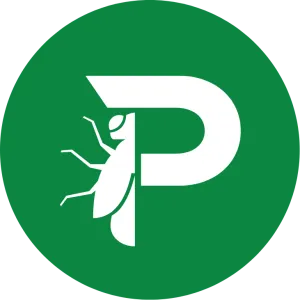 White insect graphic incorporated with letter P on green circular background logo design.