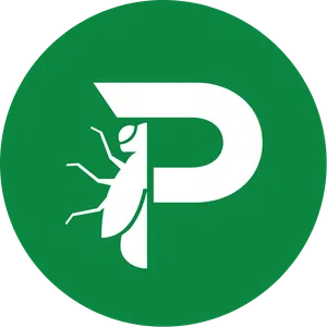 White insect integrated with letter P on a green circular background logo design.