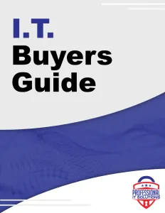 I.T. Buyers Guide cover with blue wave design and Professional IT Solutions logo in corner.
