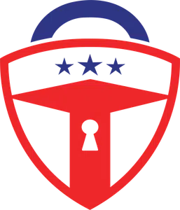 Red and blue shield logo with a lock keyhole and three stars symbolizing security and protection.