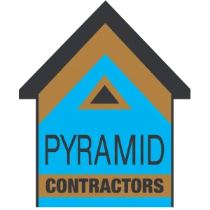 Logo of Pyramid Contractors featuring a stylized house design in blue, brown, and gray colors.