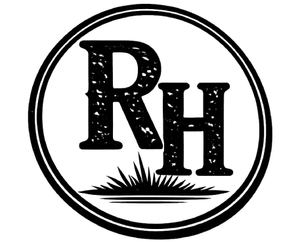 Black circular logo with letters RH and grass graphic inside