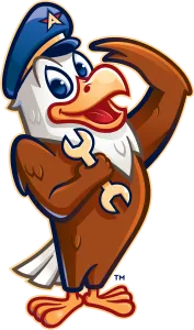 Cartoon eagle wearing a blue cap, holding a wrench, and saluting with a confident expression.