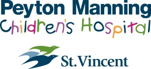 Peyton Manning Children's Hospital logo with colorful playful text and St. Vincent branding below.