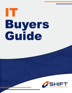 Cover of IT Buyers Guide with blue wave design and Shift Computer Services logo in bottom right corner.