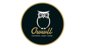 Owwll logo with a white owl icon and gold text on a black circular background with tagline Connect. Learn. Grow.