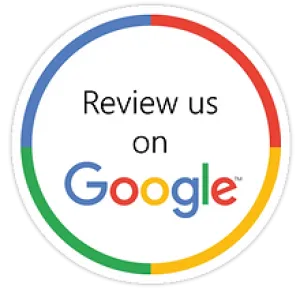Round badge with colorful border and text Review us on Google in the center