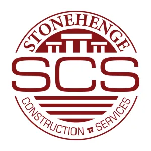 Stonehenge Construction Services logo featuring a stylized stone circle and bold SCS lettering in maroon.
