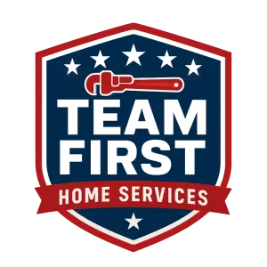 Shield logo with red pipe wrench, five stars, and bold text Team First Home Services in red, white, and blue colors