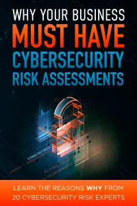 Business must have cybersecurity risk assessments with highlighted red lock and expert advice text.