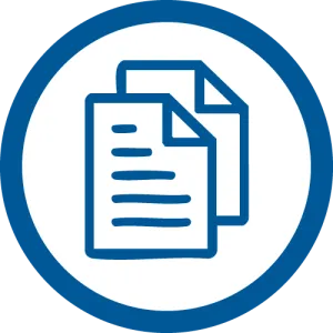Blue icon of two overlapping documents with text lines inside a white circle and thick blue border.