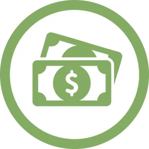 Green dollar bills icon inside a white circle with a green border, symbolizing money or payment.