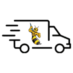 Delivery truck outline with a stylized yellow and black bee hanging from a rope, emphasizing fast shipping.