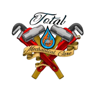 Logo of Total Mechanical Care with crossed wrenches, hammer, and flame drop symbolizing heating and cooling services