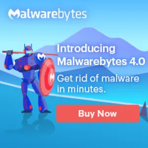 Malwarebytes 4.0 promotion featuring a robot and mountains in the background, emphasizing malware removal.