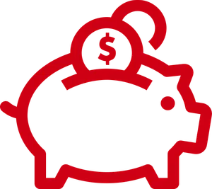 Red outline of a piggy bank with a dollar coin being inserted into the slot, symbolizing saving money.
