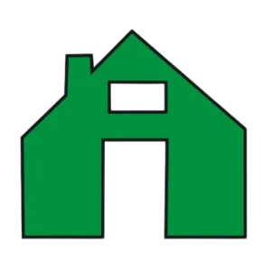 Green house icon with a chimney and two rectangular windows against a transparent background