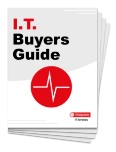 Stack of I.T. Buyers Guide booklets with red and black text and a red heartbeat icon on the cover