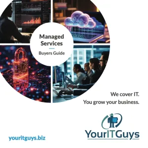 Circular collage of IT service visuals including data charts, cloud computing, cybersecurity, and team at computers with company branding.