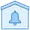 Blue notification bell icon centered within a house-shaped outline on a light background.