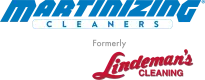 Martinizing Cleaners logo with blue font, clean design, referencing former Lindeman's Cleaning in red script below.