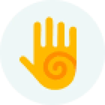 Yellow hand icon with an orange spiral in the center on a white circular background.