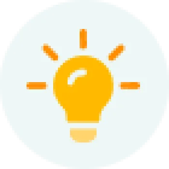 Bright yellow light bulb icon with rays on a white circular background symbolizing ideas and creativity