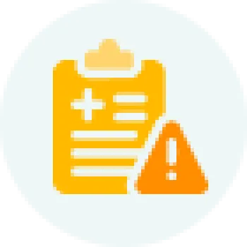 Orange medical clipboard with a cross symbol and an alert warning triangle on a light background