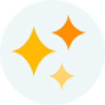 Three sparkling stars in yellow, orange, and light orange on a white circular background