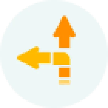 Abstract orange and yellow arrows pointing left and up on a white circular background