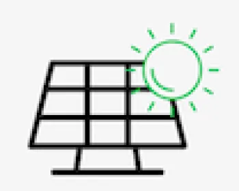 Icon of a solar panel absorbing sunlight with a bright sun symbol on a white background.