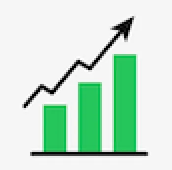 Green bar chart with upward trending black arrow showing growth and increasing values over time.