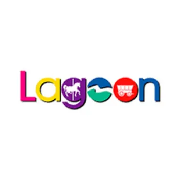 Colorful logo spelling Lagoon with carousel horse, wave, and mine cart icons in the letters