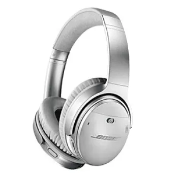 Silver Bose over-ear wireless headphones with cushioned ear cups and adjustable headband on white background