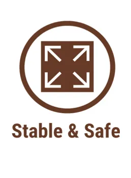Brown icon with four outward arrows inside a circle above the text Stable & Safe