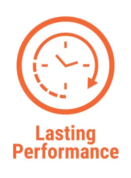 Orange clock icon with arrow and dashed line symbolizing lasting performance and durability.