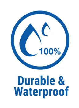 Blue icon with water drops and text stating 100% durable and waterproof quality assurance.