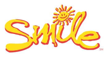 Bright yellow and red hand-drawn smile text with a sun featuring a smiling face above the letter i