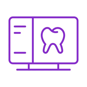 Purple line icon of a dental X-ray image displayed on a computer screen for dental diagnosis.